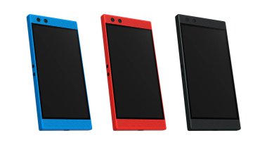 Modern bir akıllı telefonun ön ve yan görünümlerinin koleksiyonu, teknoloji önizlemeleri ve sunumlar için ideal beyaz arkaplanda kırpma yolu ile izole edilmiş