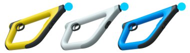 Çevrimiçi ve bulut oyun gösterimi için sanal gerçeklik denetleyicileri beyaz arkaplanda kırpma yolu ile izole edilmiş modern ergonomik
