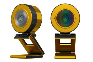 Web kamerası, kırpma yolu ile beyaz arkaplanda izole bir şekilde ayakta duruyor. Çevrimiçi görüntülü sohbet ve konferans için 3D güvenlik kamerası görüntüleme