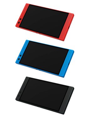 Modern bir akıllı telefonun ön ve yan görünümlerinin koleksiyonu, teknoloji önizlemeleri ve sunumlar için ideal beyaz arkaplanda kırpma yolu ile izole edilmiş