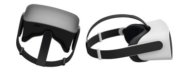 Sanal gerçeklik gözlükleri ve kulaklıklar kesme yolu ile beyaz arka planda izole edilmiş. Kullanıcılar için oyun deneyimlerini geliştiren 3B tasarım