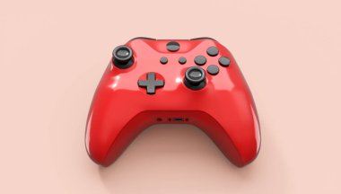 Gerçekçi kırmızı gök mavisi video oyunu joystickleri ya da pembe arka planda oyun pedleri. Bulut oyunu ve oyun alanı çalışma alanı konsepti için 3 boyutlu görüntüleme