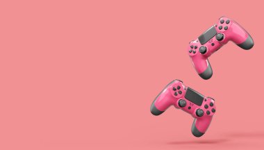 Pembe arka planda gerçekçi kırmızı video oyunu joystickleri ya da oyun pedleri. Bulut oyunu ve oyun alanı çalışma alanı konsepti için 3 boyutlu görüntüleme