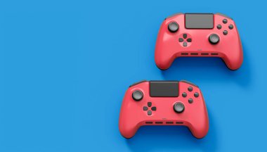 Gerçekçi kırmızı video oyunu joystickleri ya da mavi arka planda oyun pedleri. Bulut oyunu ve oyun alanı çalışma alanı konsepti için 3 boyutlu görüntüleme
