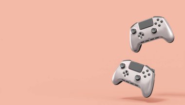 Pembe arka planda gerçekçi gri video oyunu joystickleri ya da oyun pedleri. Bulut oyunu ve oyun alanı çalışma alanı konsepti için 3 boyutlu görüntüleme