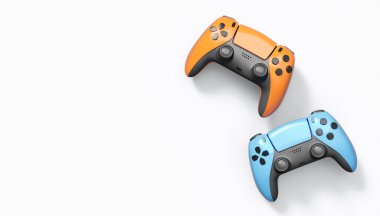 Gerçekçi renkli video oyunu joystickleri ya da beyaz arka planda renk düğmeleri olan gamepad 'ler. Bulut oyunu ve oyun alanı çalışma alanı konsepti için 3 boyutlu görüntüleme