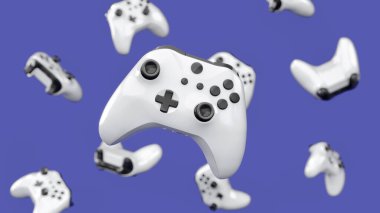 Mor arka planda dönen ve düşen gerçekçi siyah oyun joystickleri ya da gamepad 'leri. Bulut oyunu ve oyun alanı çalışma alanı konsepti için 3B yayın ekipmanı oluşturma