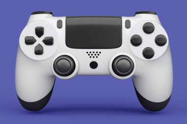 Gerçekçi beyaz video oyunu joystick 'i ya da menekşe arka planda oyun platformu. Bulut oyunu ve oyun alanı çalışma alanı konsepti için 3 boyutlu görüntüleme