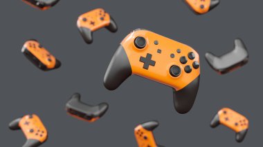 Siyah oyun joystickleri ya da oyun koruyucuları siyah arka planda döner ve düşer. Bulut oyunu ve oyun alanı çalışma alanı konsepti için 3B yayın ekipmanı oluşturma