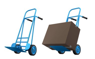 Havaalanı bagaj seti ya da bagaj vagonu yanında bir yığın karton kutu ya da beyaz arka planda karton kutu. Havaalanı veya depo servisinin 3d oluşturma ögesi