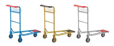 Beyaz arka planda havaalanı bagaj vagonu seti ya da bagaj vagonu. Tatilde otel servisinin 3D sunucu ögesi