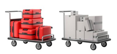 Beyaz arka planda bagajları taşımak için normal polikarbonat valiz seti. 3D seyahat konsepti. Tatil ve bagaj taşımacılığı.