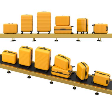 Havalimanı bagaj taşıma bandı, üretim hattı ya da bavulları beyaz arka planda olan bagaj teslim alanı. Seyahat tatil konseptinin 3D sunucusu.
