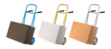 Havaalanı bagaj seti ya da bagaj vagonu yanında bir yığın karton kutu ya da beyaz arka planda karton kutu. Havaalanı veya depo servisinin 3d oluşturma ögesi