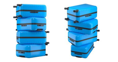 Beyaz arka planda izole edilmiş polikarbonat bavullar. 3D seyahat konsepti bagaj veya bagaj