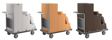 Havaalanı bagaj seti ya da bagaj vagonu yanında bir yığın karton kutu ya da beyaz arka planda karton kutu. Havaalanı veya depo servisinin 3d oluşturma ögesi