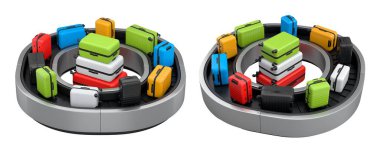 Havalimanı bagaj bandı ya da bagaj teslim alanı beyaz arka planda bavullarla dolu. Seyahat tatil konseptinin 3D sunucusu.