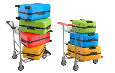 Beyaz arka planda bagajları taşımak için normal polikarbonat valiz seti. 3D seyahat konsepti. Tatil ve bagaj taşımacılığı.