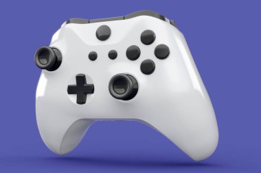 Gerçekçi beyaz video oyunu joystick 'i ya da menekşe arka planda oyun platformu. Bulut oyunu ve oyun alanı çalışma alanı konsepti için 3 boyutlu görüntüleme