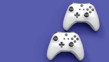 Gerçekçi beyaz video oyunu joystickleri ya da menekşe arka planda oyun pedleri. Bulut oyunu ve oyun alanı çalışma alanı konsepti için 3 boyutlu görüntüleme