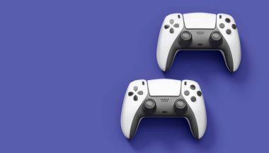 Gerçekçi beyaz video oyunu joystickleri ya da menekşe arka planda oyun pedleri. Bulut oyunu ve oyun alanı çalışma alanı konsepti için 3 boyutlu görüntüleme