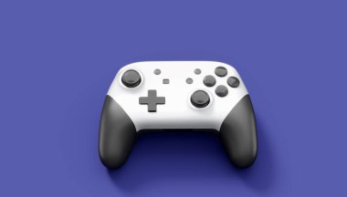 Gerçekçi beyaz video oyunu joystick 'i ya da menekşe arka planda oyun platformu. Bulut oyunu ve oyun alanı çalışma alanı konsepti için 3 boyutlu görüntüleme