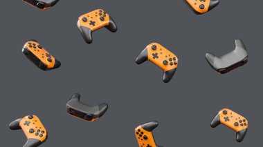 Siyah oyun joystickleri ya da oyun koruyucuları siyah arka planda döner ve düşer. Bulut oyunu ve oyun alanı çalışma alanı konsepti için 3B yayın ekipmanı oluşturma