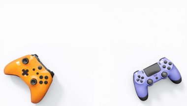 Gerçekçi renkli video oyunu joystickleri ya da beyaz arka planda renk düğmeleri olan gamepad 'ler. Bulut oyunu ve oyun alanı çalışma alanı konsepti için 3 boyutlu görüntüleme