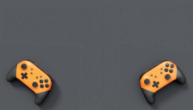 Siyah arka planda gerçekçi turuncu oyun joystickleri ya da oyun pedleri. Bulut oyunu ve oyun alanı çalışma alanı konsepti için 3 boyutlu görüntüleme