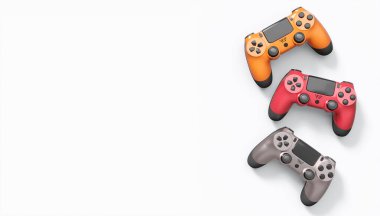 Gerçekçi renkli video oyunu joystickleri ya da beyaz arka planda renk düğmeleri olan gamepad 'ler. Bulut oyunu ve oyun alanı çalışma alanı konsepti için 3 boyutlu görüntüleme