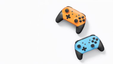 Gerçekçi renkli video oyunu joystickleri ya da beyaz arka planda renk düğmeleri olan gamepad 'ler. Bulut oyunu ve oyun alanı çalışma alanı konsepti için 3 boyutlu görüntüleme