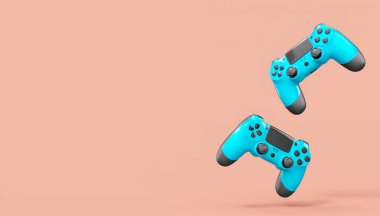Pembe arka planda gerçekçi mavi oyun joystickleri veya oyun pedleri. Bulut oyunu ve oyun alanı çalışma alanı konsepti için 3 boyutlu görüntüleme