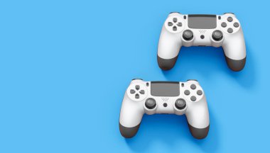 Gerçekçi beyaz video oyunu joystickleri ya da mavi arka planda oyun pedleri. Bulut oyunu ve oyun alanı çalışma alanı konsepti için 3 boyutlu görüntüleme