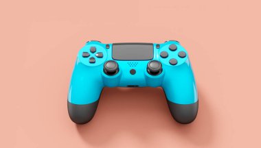 Pembe arka planda gerçekçi mavi oyun joystickleri veya oyun pedleri. Bulut oyunu ve oyun alanı çalışma alanı konsepti için 3 boyutlu görüntüleme