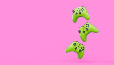 Gerçekçi mavi gök mavisi video oyunu joystickleri ya da pembe arka planda oyun pedleri. Bulut oyunu ve oyun alanı çalışma alanı konsepti için 3 boyutlu görüntüleme