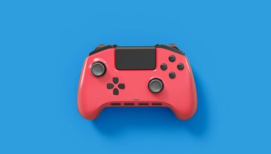 Gerçekçi kırmızı video oyunu joystickleri ya da mavi arka planda oyun pedleri. Bulut oyunu ve oyun alanı çalışma alanı konsepti için 3 boyutlu görüntüleme