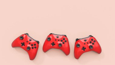 Gerçekçi kırmızı gök mavisi video oyunu joystickleri ya da pembe arka planda oyun pedleri. Bulut oyunu ve oyun alanı çalışma alanı konsepti için 3 boyutlu görüntüleme
