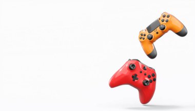 Gerçekçi renkli video oyunu joystickleri ya da beyaz arka planda renk düğmeleri olan gamepad 'ler. Bulut oyunu ve oyun alanı çalışma alanı konsepti için 3 boyutlu görüntüleme