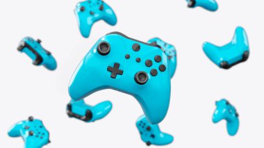 Siyah oyun joystickleri ya da oyun koruyucuları beyaz arka planda döner ve düşer. Bulut oyunu ve oyun alanı çalışma alanı konsepti için 3B yayın ekipmanı oluşturma