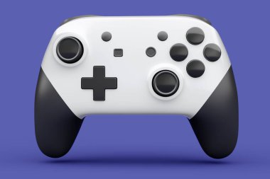 Gerçekçi beyaz video oyunu joystick 'i ya da menekşe arka planda oyun platformu. Bulut oyunu ve oyun alanı çalışma alanı konsepti için 3 boyutlu görüntüleme