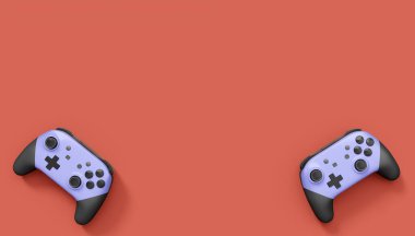 Gerçekçi gri video oyunu joystickleri ya da kırmızı arka planda oyun pedleri. Bulut oyunu ve oyun alanı çalışma alanı konsepti için 3 boyutlu görüntüleme