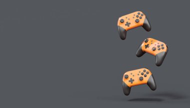 Siyah arka planda gerçekçi turuncu oyun joystickleri ya da oyun pedleri. Bulut oyunu ve oyun alanı çalışma alanı konsepti için 3 boyutlu görüntüleme