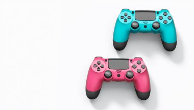 Gerçekçi renkli video oyunu joystickleri ya da beyaz arka planda renk düğmeleri olan gamepad 'ler. Bulut oyunu ve oyun alanı çalışma alanı konsepti için 3 boyutlu görüntüleme