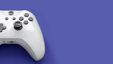 Gerçekçi beyaz video oyunu joystick 'i ya da menekşe arka planda oyun platformu. Bulut oyunu ve oyun alanı çalışma alanı konsepti için 3 boyutlu görüntüleme