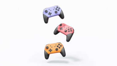 Gerçekçi renkli video oyunu joystickleri ya da beyaz arka planda renk düğmeleri olan gamepad 'ler. Bulut oyunu ve oyun alanı çalışma alanı konsepti için 3 boyutlu görüntüleme