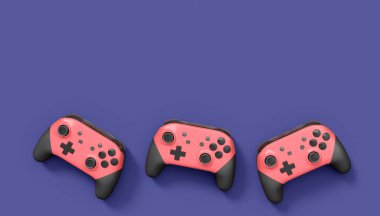 Gerçekçi pembe video oyunu joystickleri ya da menekşe arka planda oyun pedleri. Bulut oyunu ve oyun alanı çalışma alanı konsepti için 3 boyutlu görüntüleme