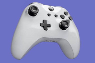 Gerçekçi beyaz video oyunu joystick 'i ya da menekşe arka planda oyun platformu. Bulut oyunu ve oyun alanı çalışma alanı konsepti için 3 boyutlu görüntüleme