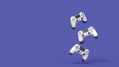 Gerçekçi beyaz video oyunu joystickleri ya da menekşe arka planda oyun pedleri. Bulut oyunu ve oyun alanı çalışma alanı konsepti için 3 boyutlu görüntüleme