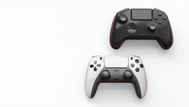 Gerçekçi renkli video oyunu joystickleri ya da beyaz arka planda renk düğmeleri olan gamepad 'ler. Bulut oyunu ve oyun alanı çalışma alanı konsepti için 3 boyutlu görüntüleme