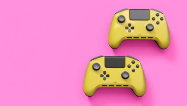 Pembe arka planda gerçekçi sarı video oyunu joystickleri ya da oyun pedleri. Bulut oyunu ve oyun alanı çalışma alanı konsepti için 3 boyutlu görüntüleme